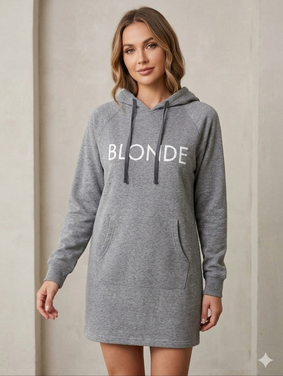 Brunette The Label Dresses & Skirts - Brunette The Label "BLONDE" Gray Hooded Sweatshirt Dress